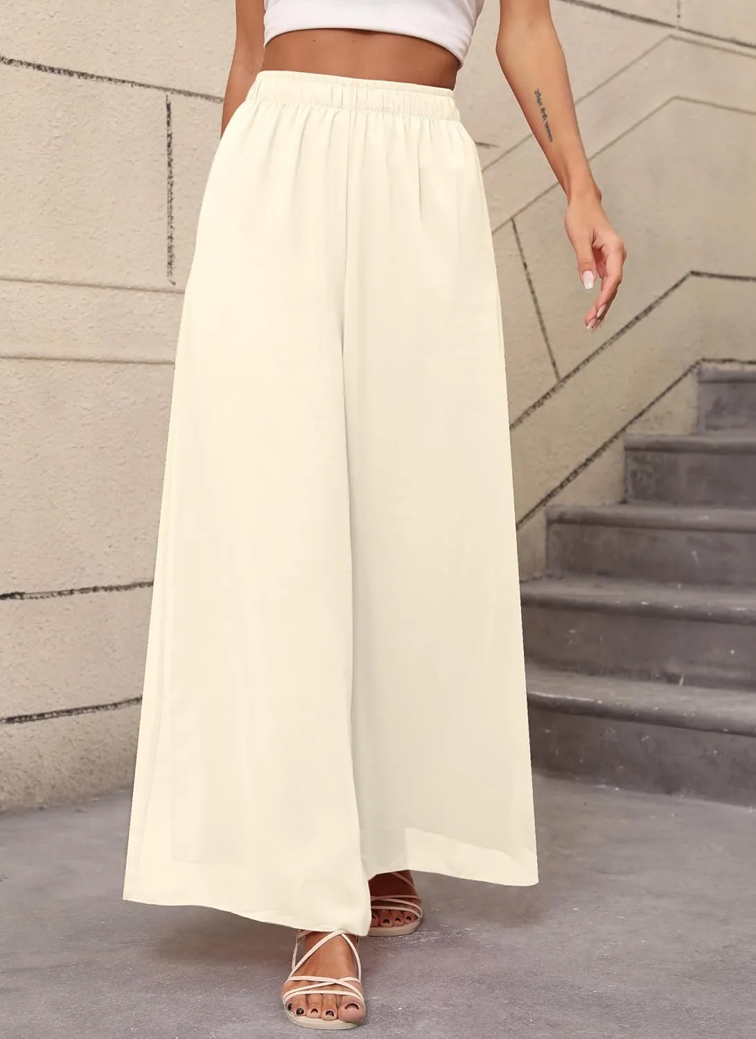 Women's Chiffon Dress Palazzo Pants Beach Wide Leg Elastic Waist Trouser Elegant Flowy High Waisted Ladies Lounge