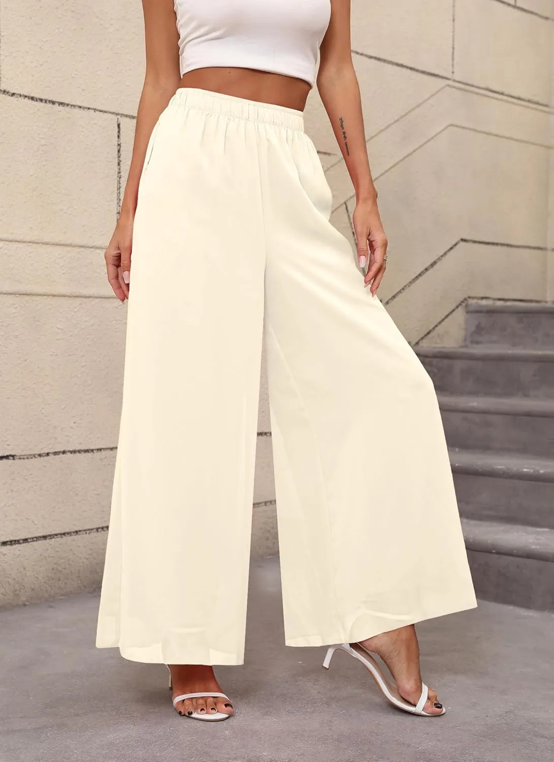 Women's Chiffon Dress Palazzo Pants Beach Wide Leg Elastic Waist Trouser Elegant Flowy High Waisted Ladies Lounge