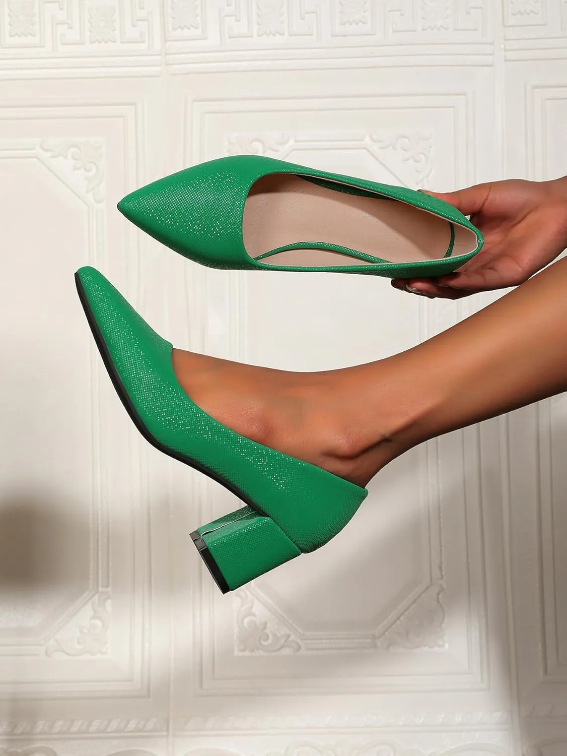 Women's Chunky Block Heel Glitter Pointed Toe Classic Work Dress Pumps Slip On Closed Toe Mid Heels for Women Office Wedding Party Daily Ladies Shoes 2.36 Inch