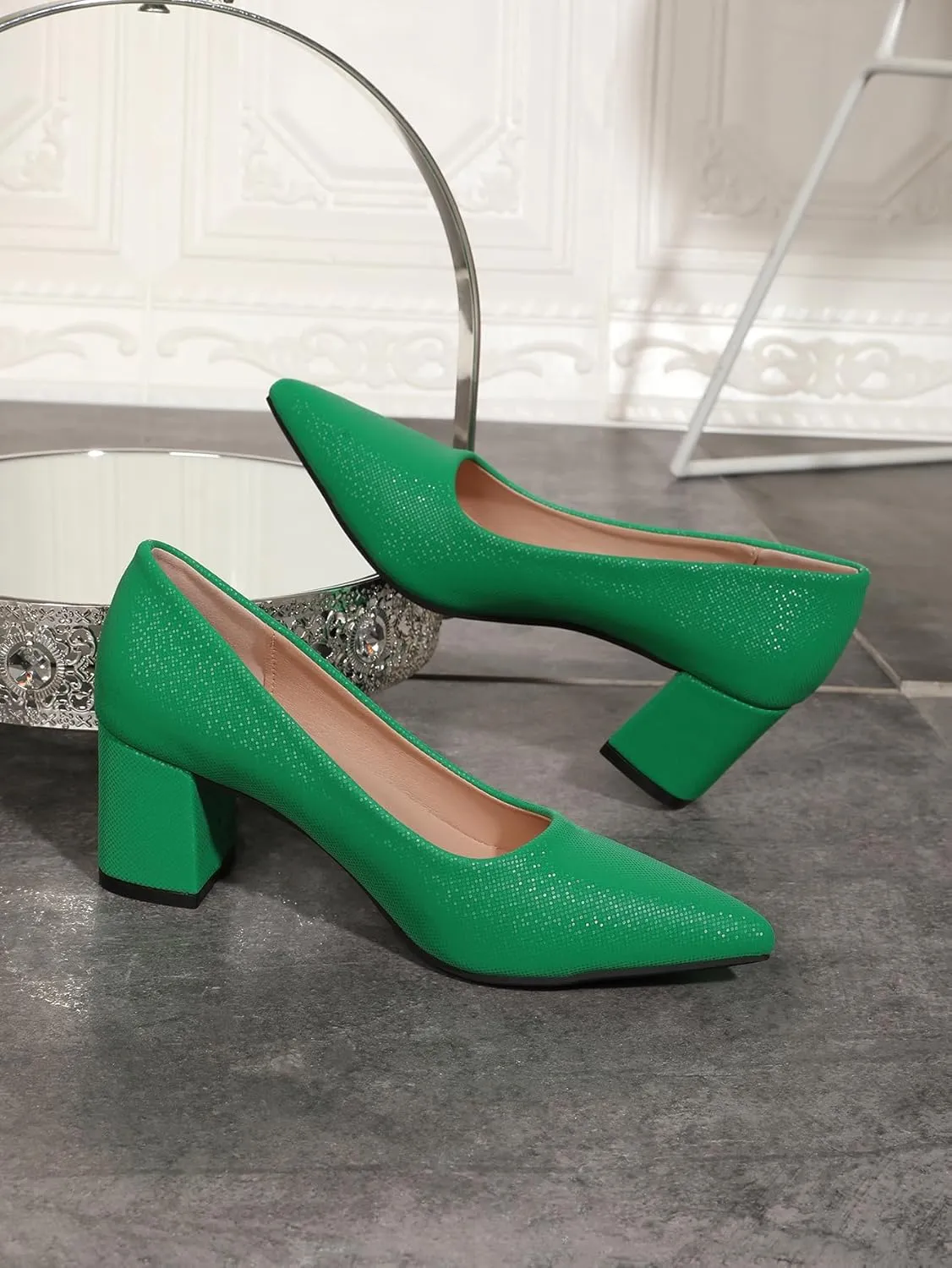 Women's Chunky Block Heel Glitter Pointed Toe Classic Work Dress Pumps Slip On Closed Toe Mid Heels for Women Office Wedding Party Daily Ladies Shoes 2.36 Inch