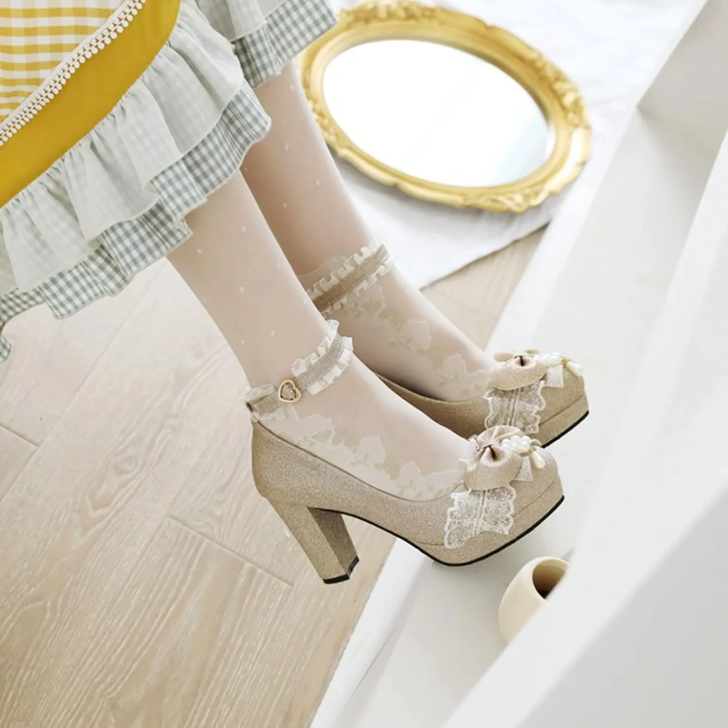Women's Chunky High Heel Dress Shoes Glitter Bow Pearl Ankle Strap Fashion Platform Lolita Pumps