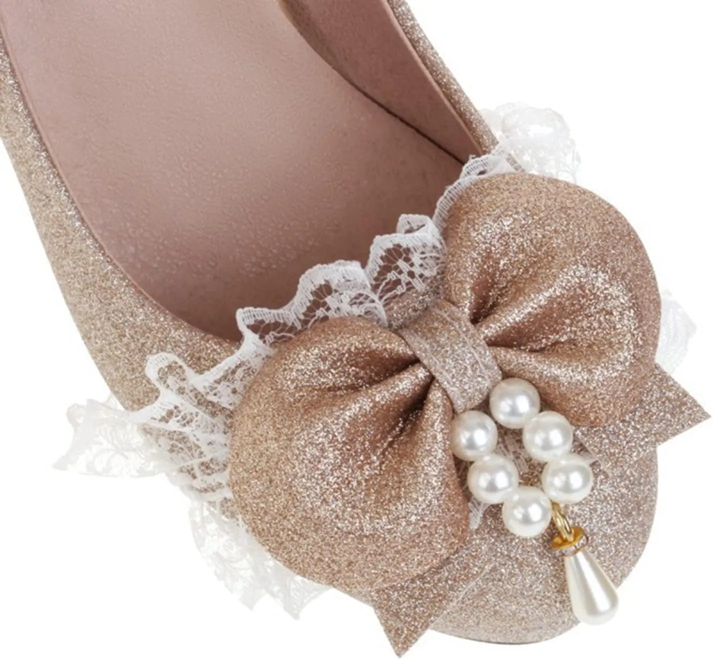 Women's Chunky High Heel Dress Shoes Glitter Bow Pearl Ankle Strap Fashion Platform Lolita Pumps