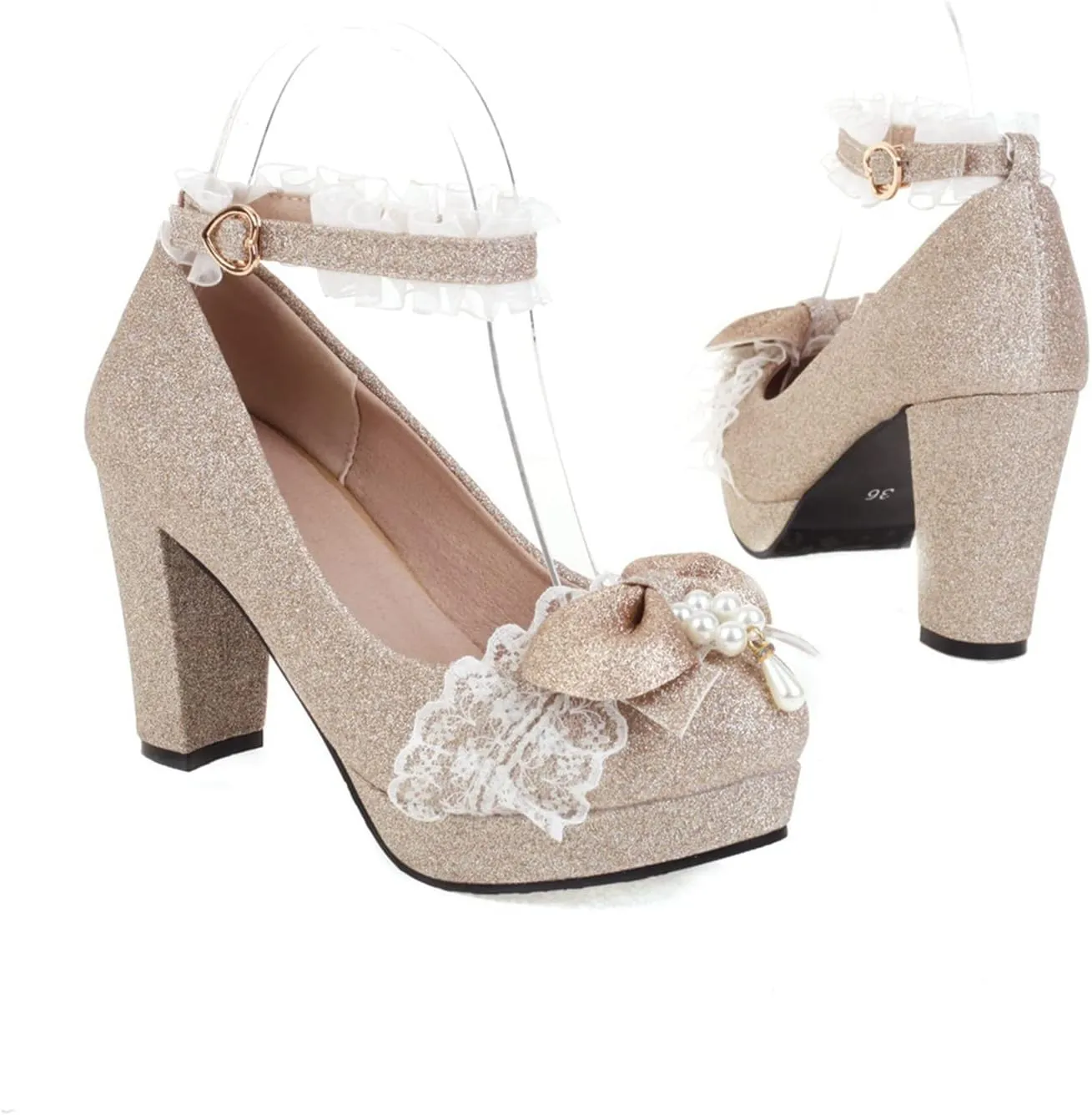 Women's Chunky High Heel Dress Shoes Glitter Bow Pearl Ankle Strap Fashion Platform Lolita Pumps