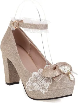 Women's Chunky High Heel Dress Shoes Glitter Bow Pearl Ankle Strap Fashion Platform Lolita Pumps