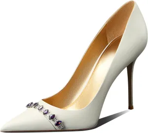 Womens Classic Pointed Toe Stiletto High Heel Pumps with Rhinestone Buckle,3.54In Party Wedding Dress Shoes