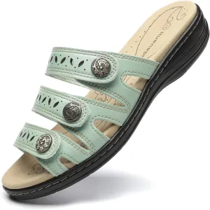 Women's Comfort Leather Slides Lightweight Flat Sandals Cute Slip On Casual Walking Slippers