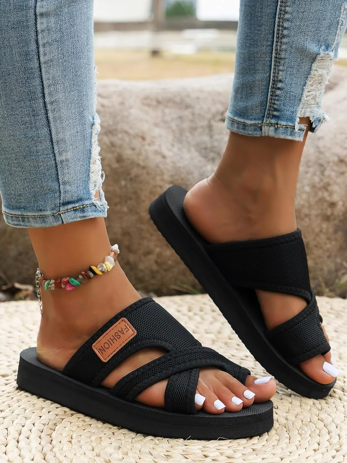 Women's Comfortable Breathable Mesh Flip Flops, Mesh Slide Sandals, Summer Hollow Loop Toe Flat Shoes