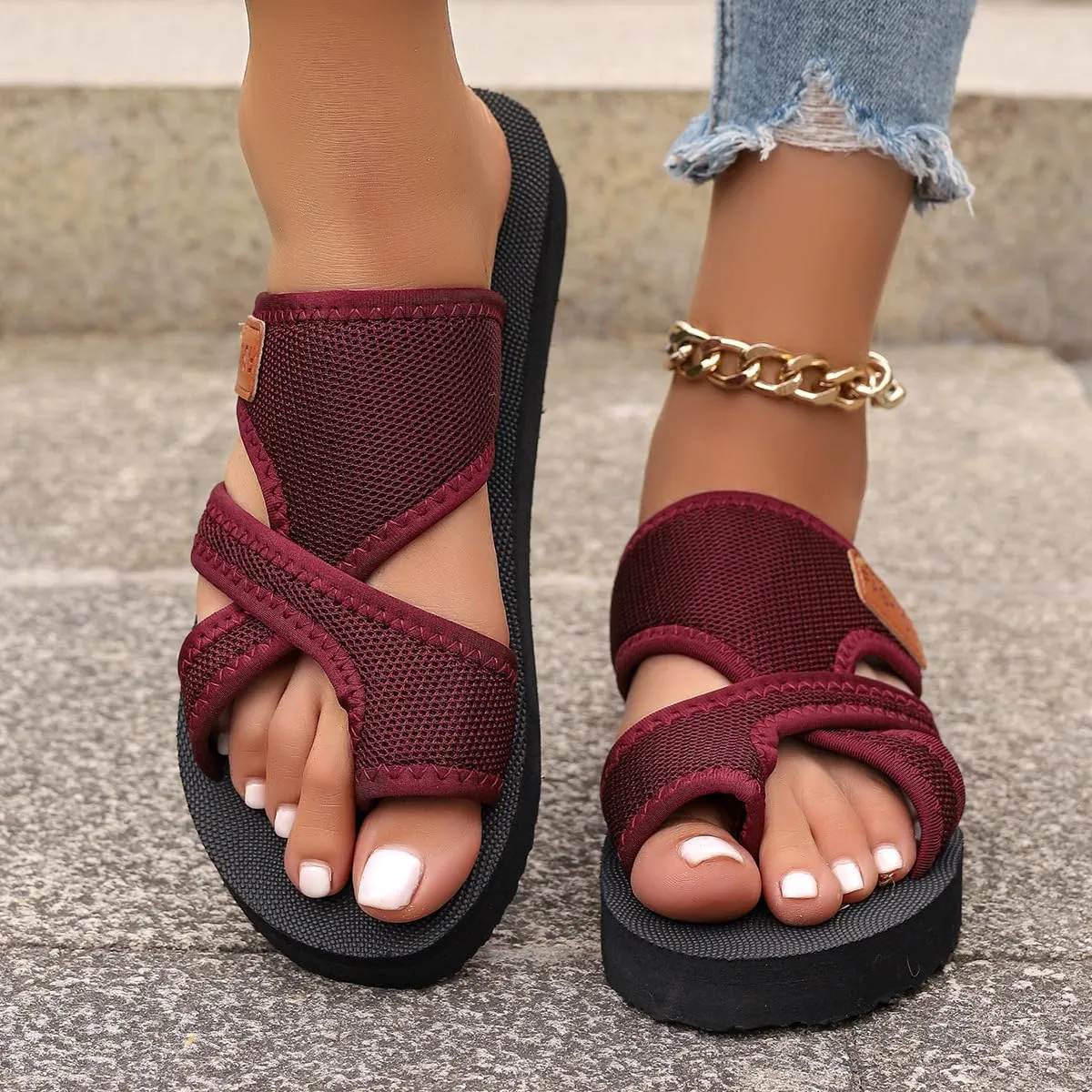 Women's Comfortable Breathable Mesh Flip Flops, Orthopedic Sandals with Arch Support, Summer Non-Slip Hollow Beach Slide