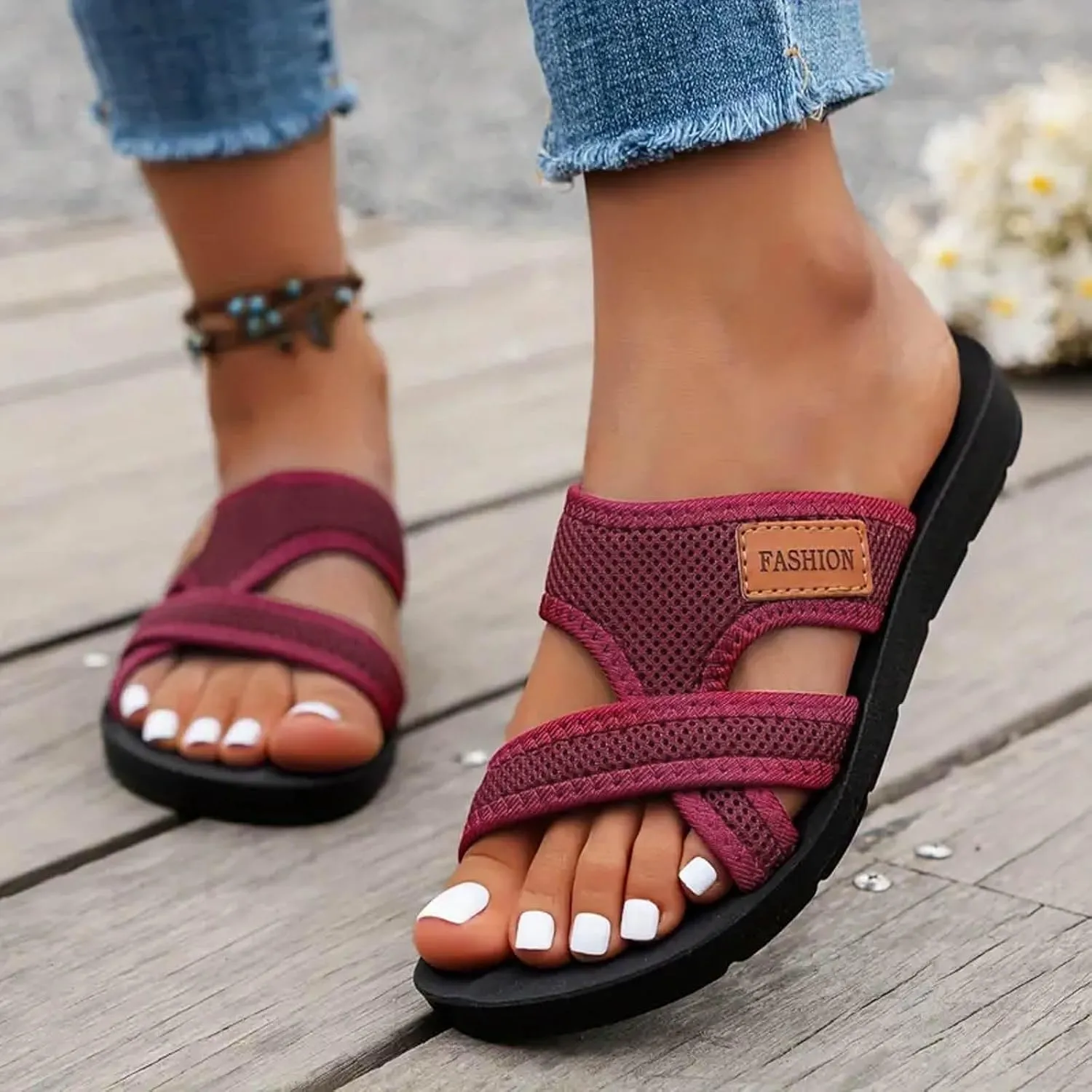 Women's Comfortable Breathable Mesh Flip Flops, Women's Hollow Mesh Slide Comfy Arch Support Orthopedic Sandals