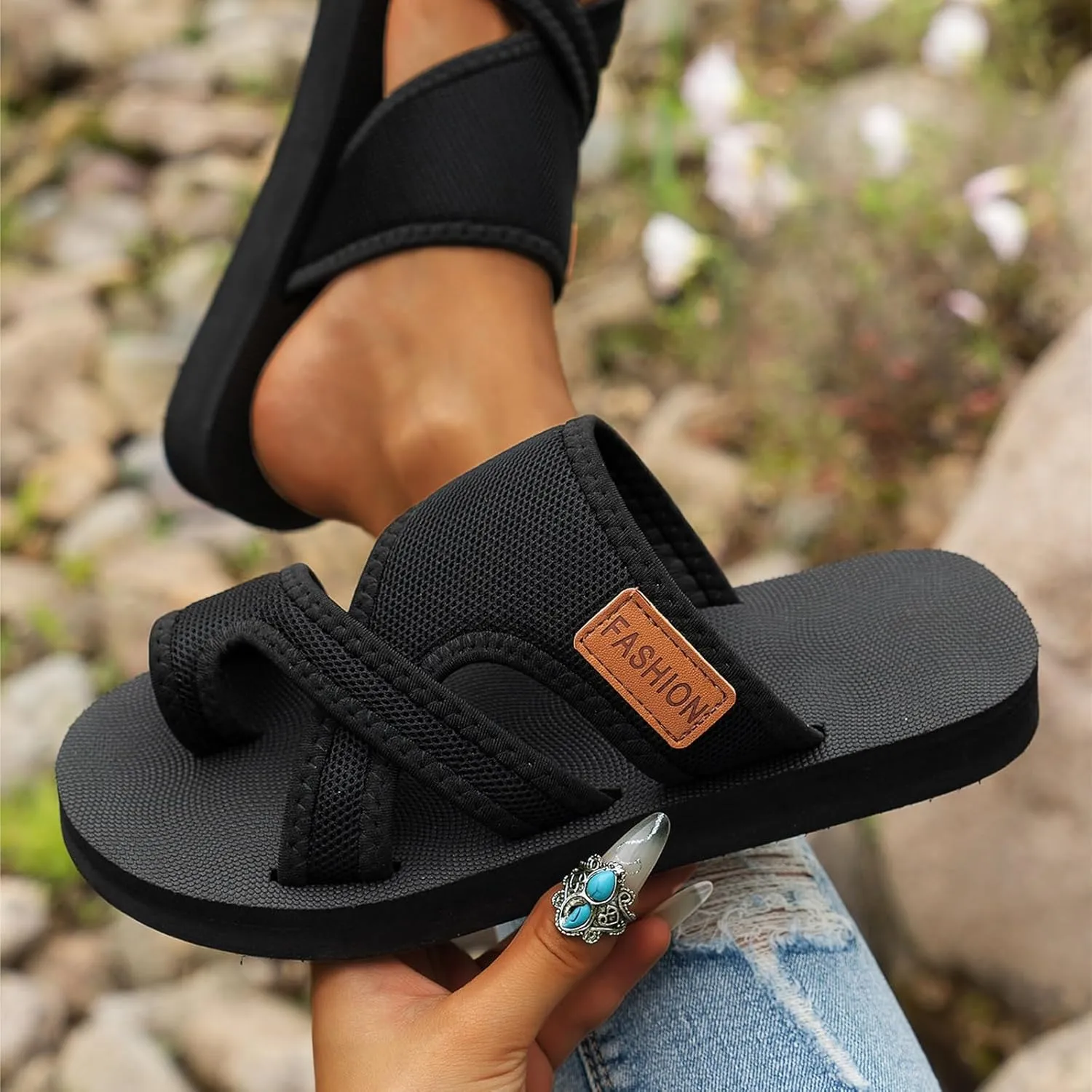 Women's Comfortable Breathable Mesh Flip Flops,Hollow Mesh Slide Sandals with Toe Loop,Summer Casual Orthopedic Flats Shoes(Black,7-38)
