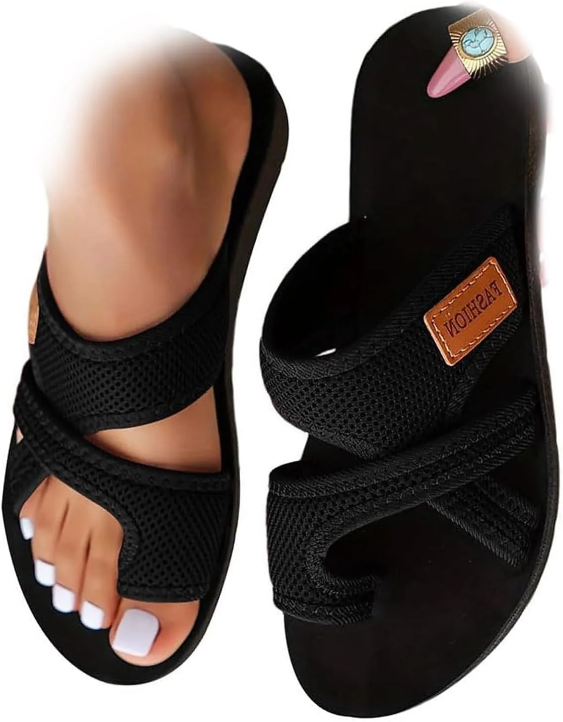 Women's Comfortable Breathable Mesh Flip Flops,Hollow Mesh Slide Sandals with Toe Loop,Summer Casual Orthopedic Flats Shoes(Black,7-38)