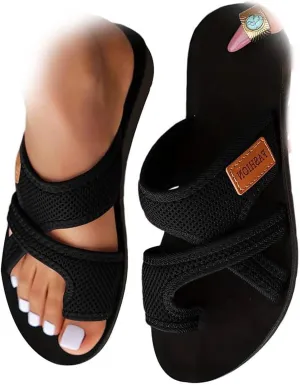 Women's Comfortable Breathable Mesh Flip Flops,Hollow Mesh Slide Sandals with Toe Loop,Summer Casual Orthopedic Flats Shoes(Black,7-38)