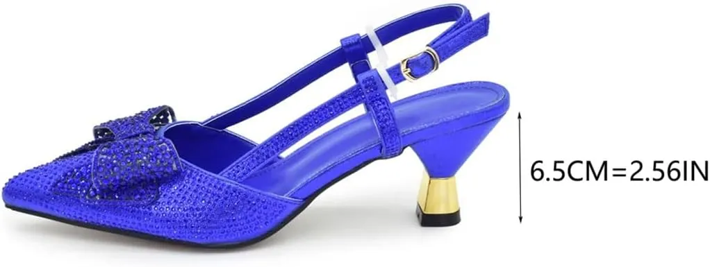 Women's Crystal Pointed-Toe High Heel Pumps with Matching Bag Slingback Buckle Strap Elegant Shoes
