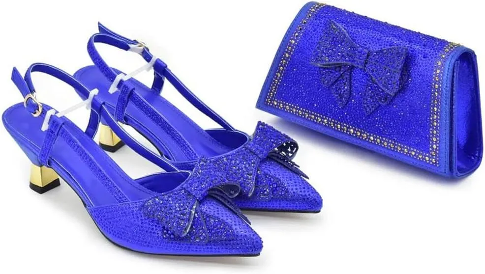 Women's Crystal Pointed-Toe High Heel Pumps with Matching Bag Slingback Buckle Strap Elegant Shoes