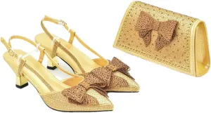 Women's Crystal Pointed-Toe High Heel Pumps with Matching Bag Slingback Buckle Strap Elegant Shoes