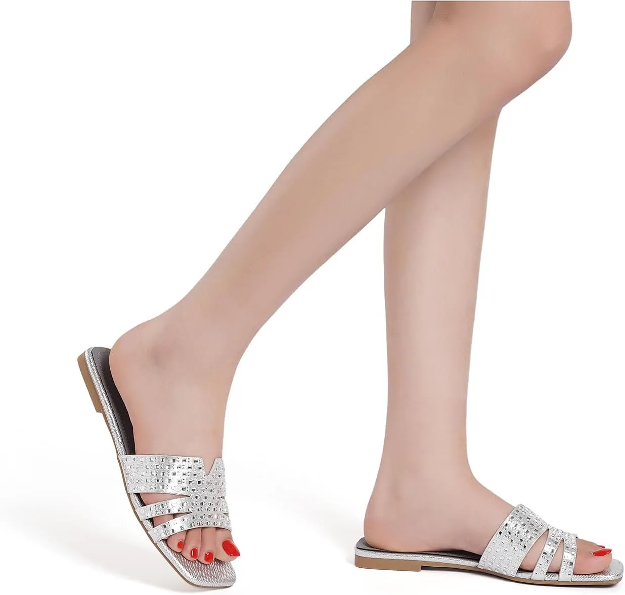 Women's Crystal-Strap Metallic Slide Sandals, Square Toe Slip-On Flats