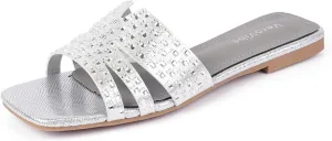 Women's Crystal-Strap Metallic Slide Sandals, Square Toe Slip-On Flats