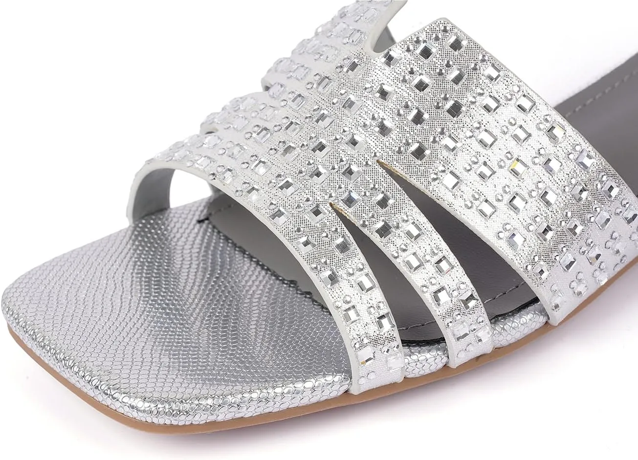Women's Crystal-Strap Metallic Slide Sandals, Square Toe Slip-On Flats