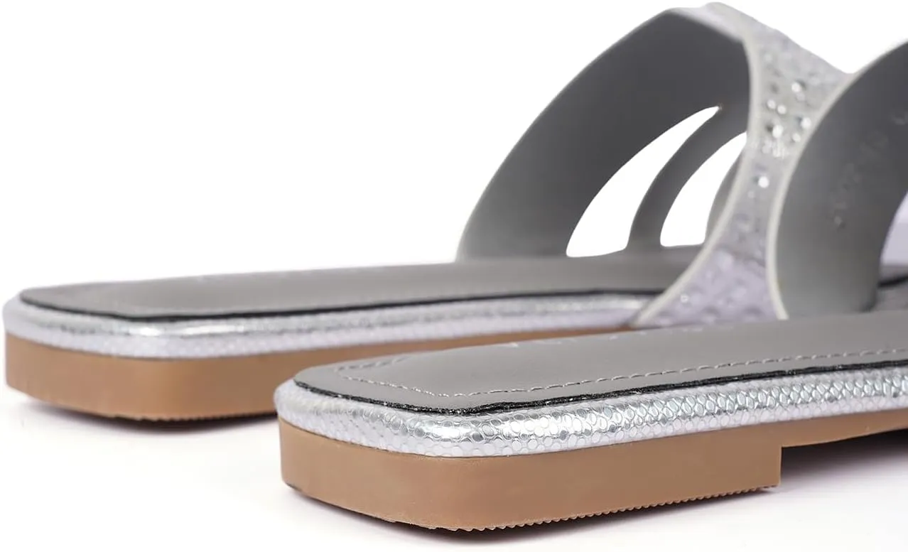 Women's Crystal-Strap Metallic Slide Sandals, Square Toe Slip-On Flats