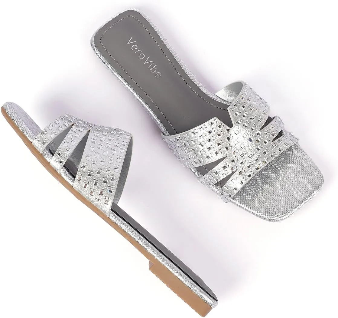 Women's Crystal-Strap Metallic Slide Sandals, Square Toe Slip-On Flats