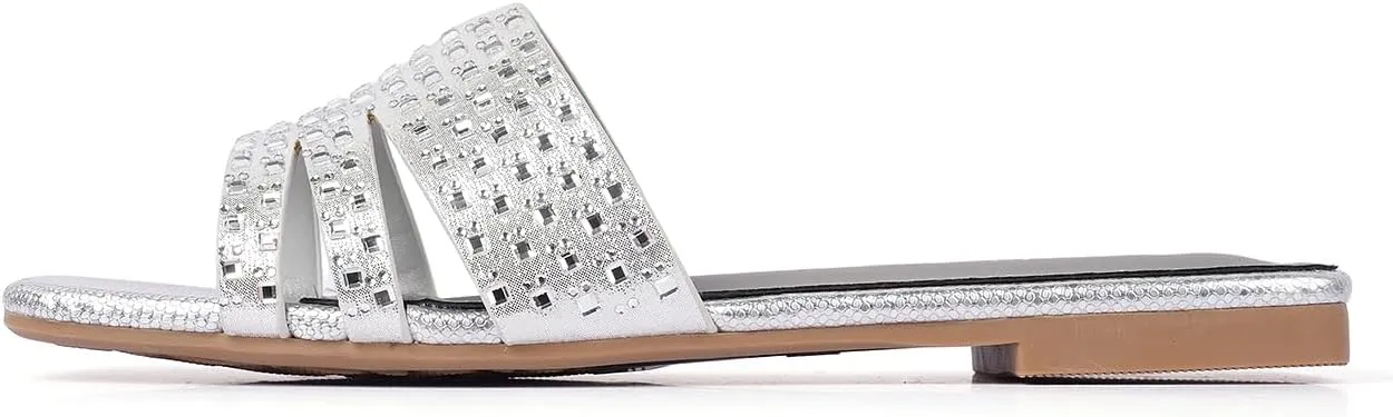Women's Crystal-Strap Metallic Slide Sandals, Square Toe Slip-On Flats