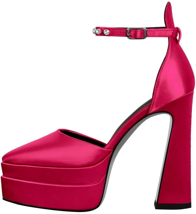 Women’s Double High Chunky Platform Pointed Closed Toe Chunky Heels Ankle Strap Rhinestone Pumps Shoes for Dress Wedding Party