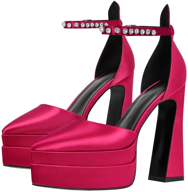 Women’s Double High Chunky Platform Pointed Closed Toe Chunky Heels Ankle Strap Rhinestone Pumps Shoes for Dress Wedding Party