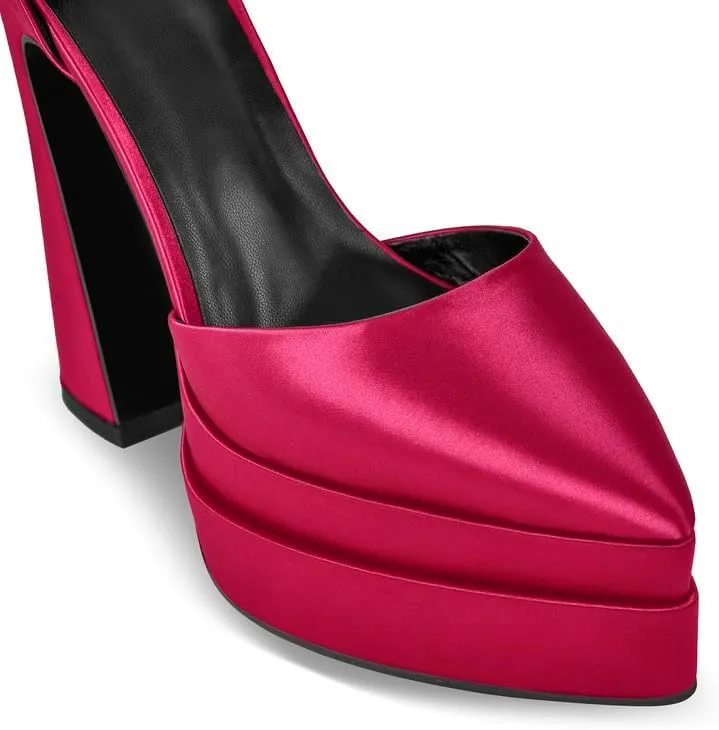 Women’s Double High Chunky Platform Pointed Closed Toe Chunky Heels Ankle Strap Rhinestone Pumps Shoes for Dress Wedding Party