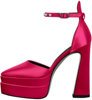 Women’s Double High Chunky Platform Pointed Closed Toe Chunky Heels Ankle Strap Rhinestone Pumps Shoes for Dress Wedding Party