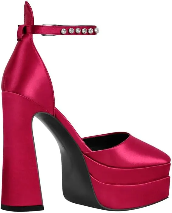 Women’s Double High Chunky Platform Pointed Closed Toe Chunky Heels Ankle Strap Rhinestone Pumps Shoes for Dress Wedding Party