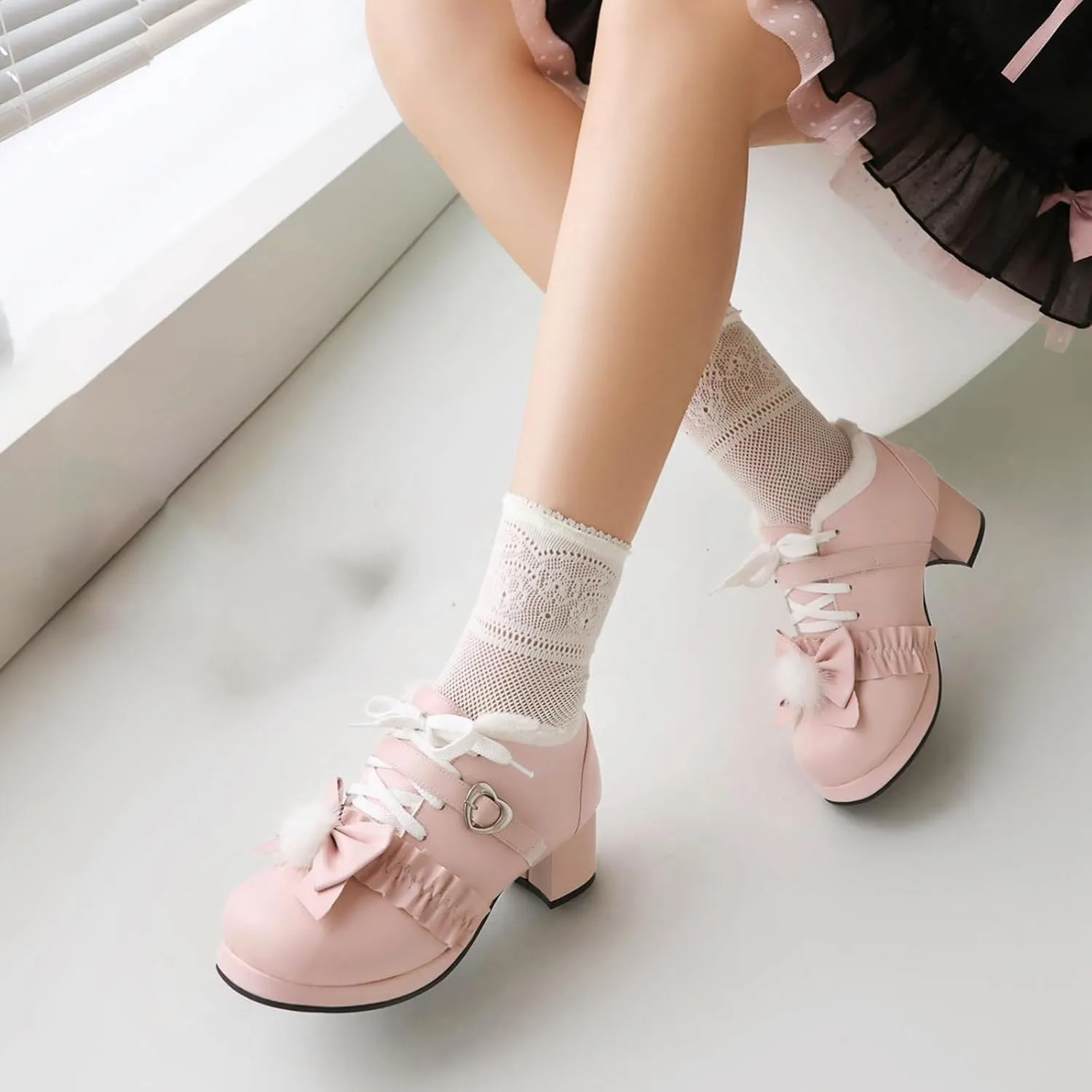Women's Dress Shoes Elegant Block Heel and Platform Mary Jane Pumps with Bows