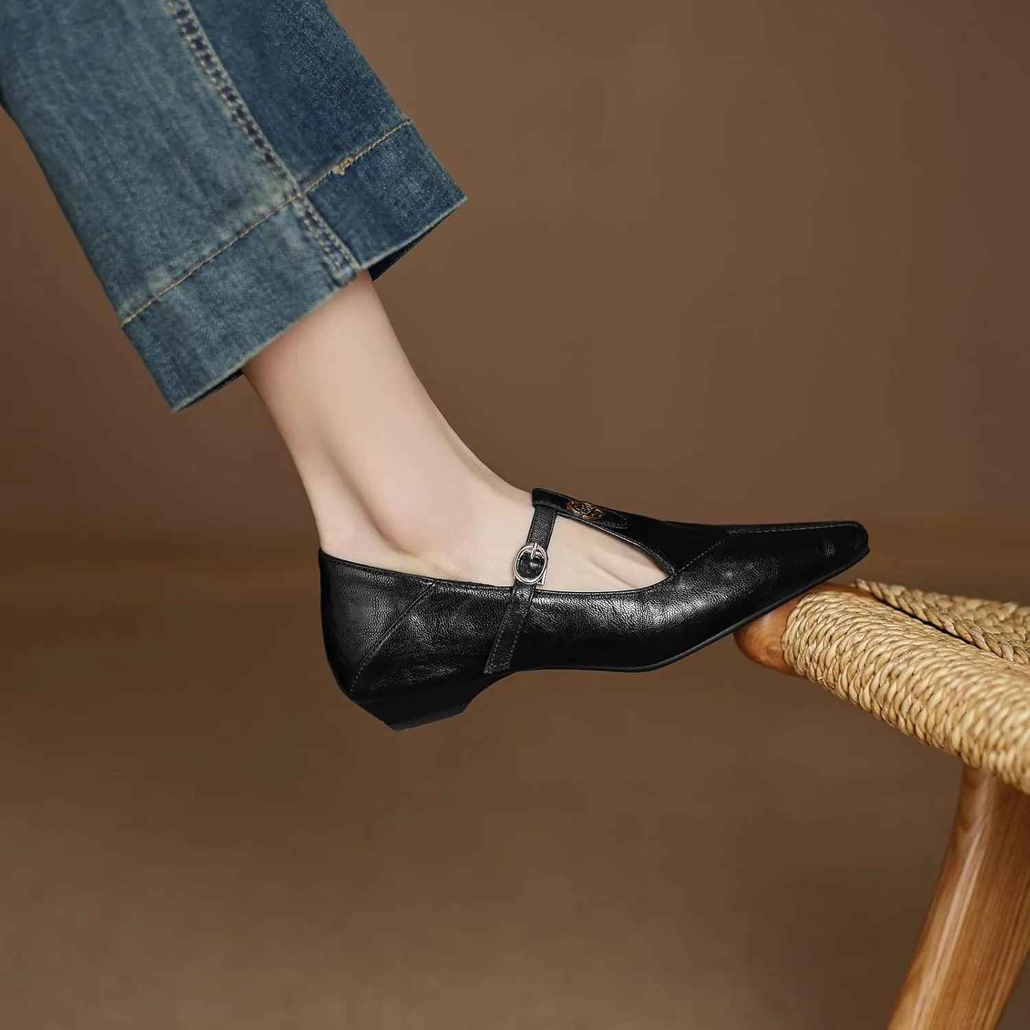 Women's Elegant T-Strap Vintage Pumps Block Low Heel Pointed Toe Cut Out Mary Jane