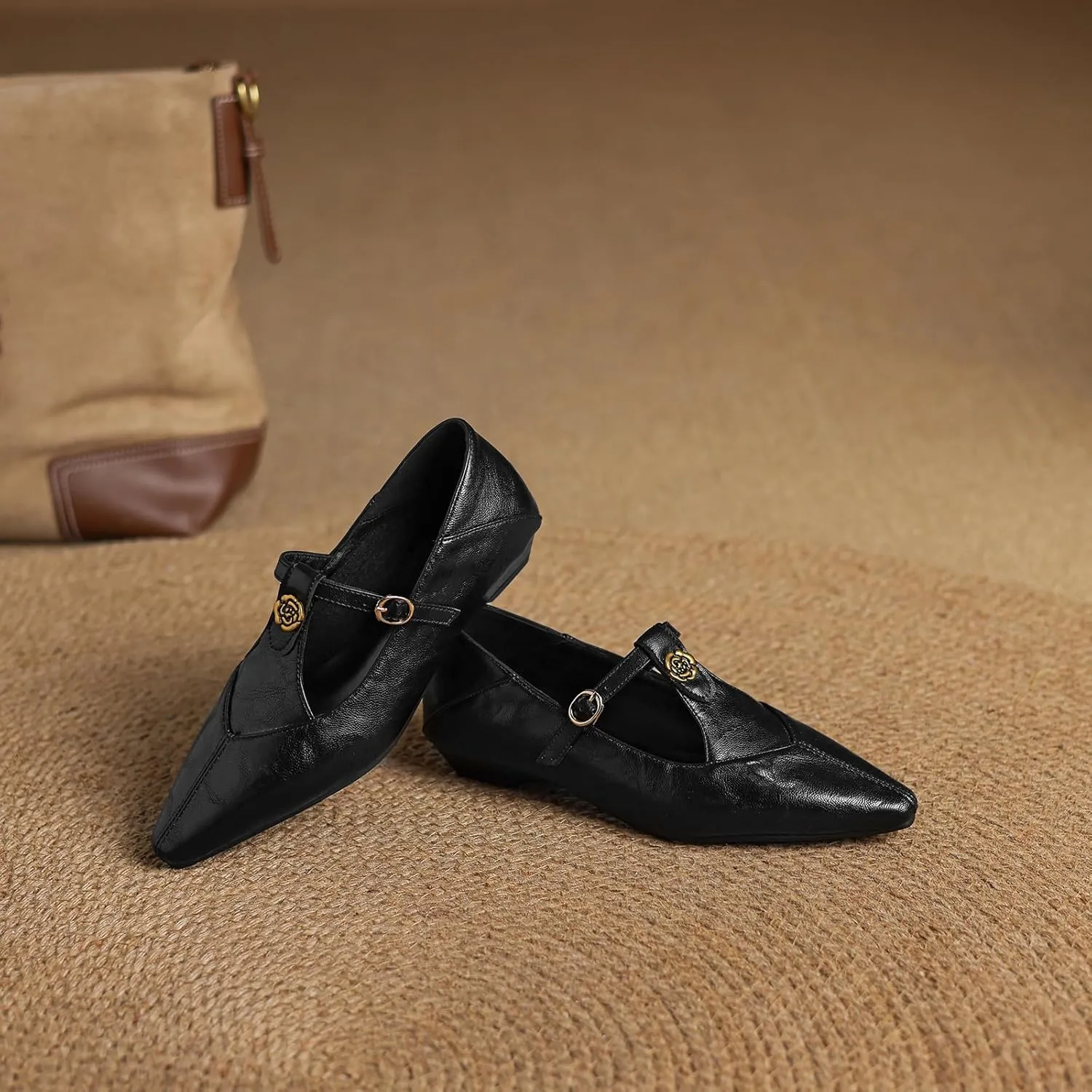 Women's Elegant T-Strap Vintage Pumps Block Low Heel Pointed Toe Cut Out Mary Jane