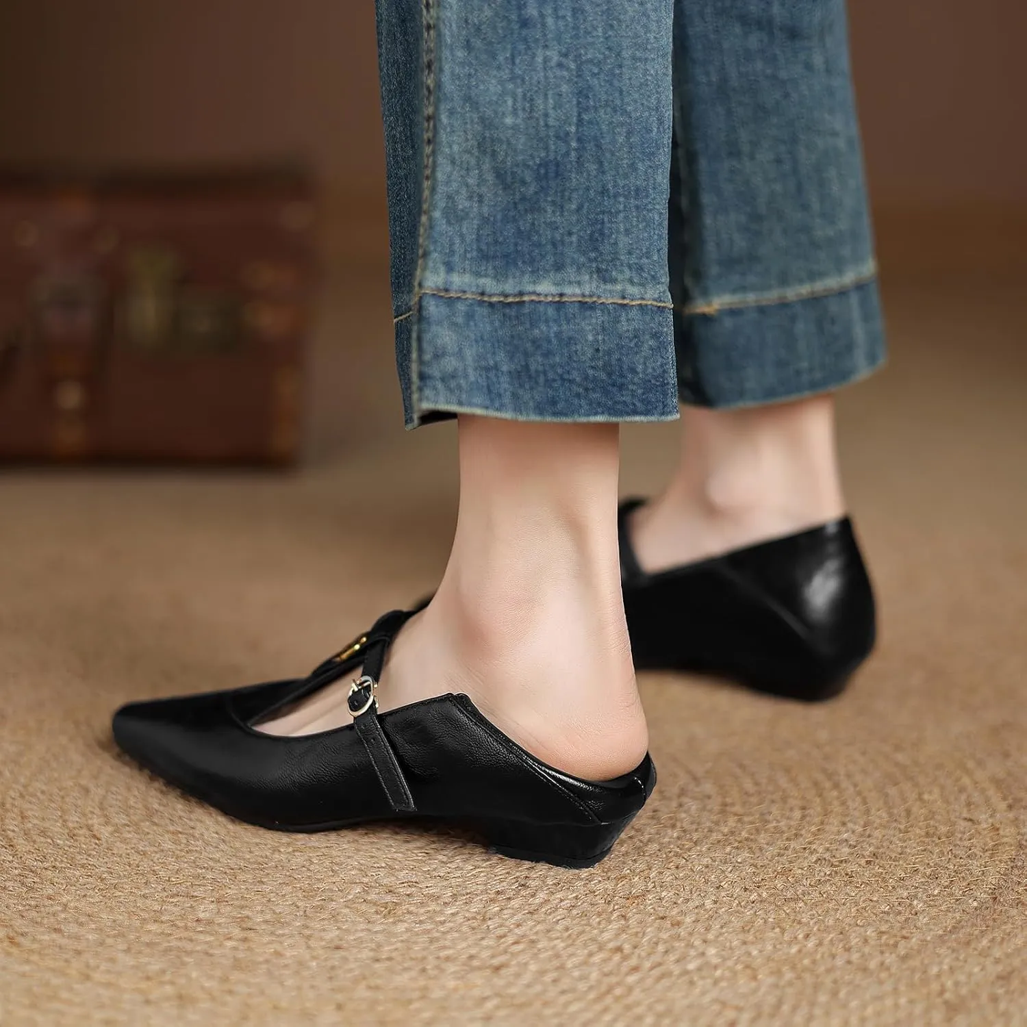 Women's Elegant T-Strap Vintage Pumps Block Low Heel Pointed Toe Cut Out Mary Jane