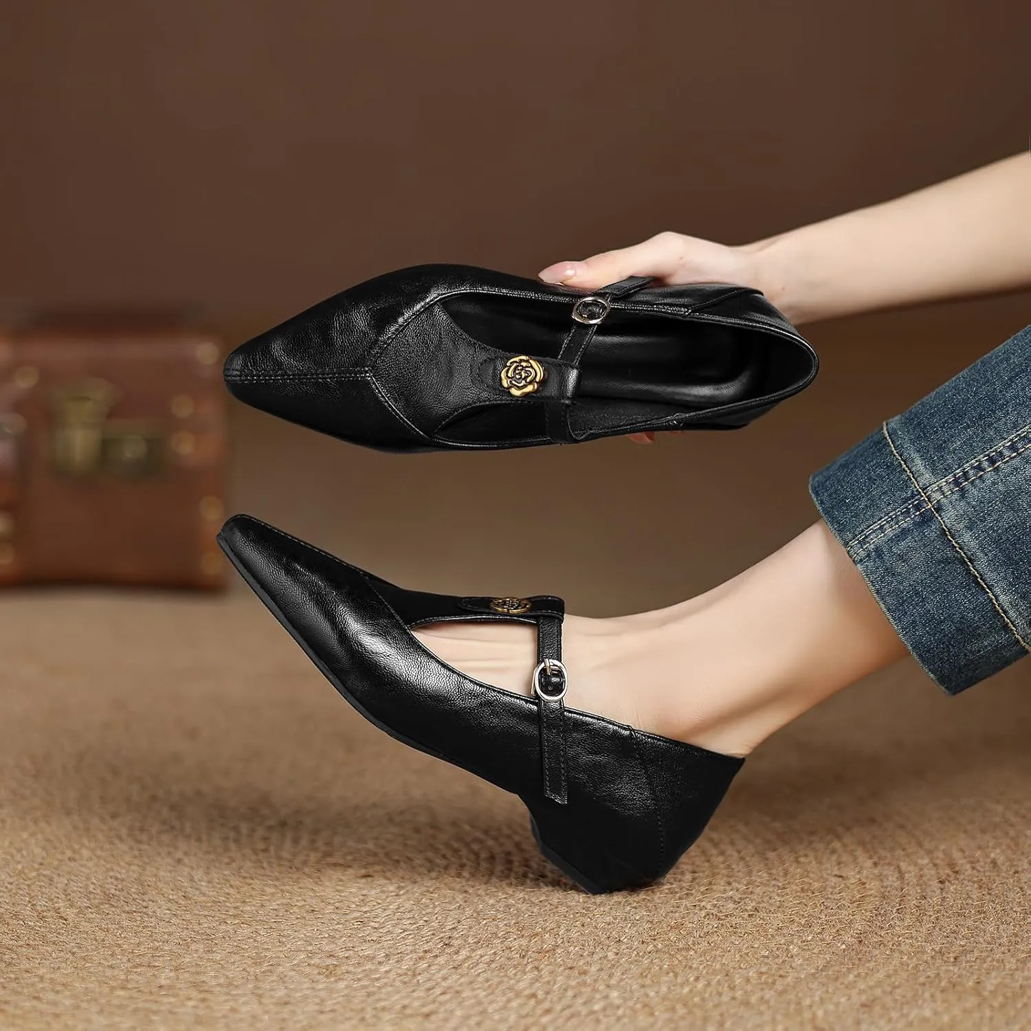 Women's Elegant T-Strap Vintage Pumps Block Low Heel Pointed Toe Cut Out Mary Jane