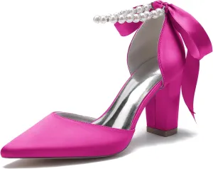 Womens Elegant Wedding Shoes with Ribbon Ankle Chains Prom Pumps