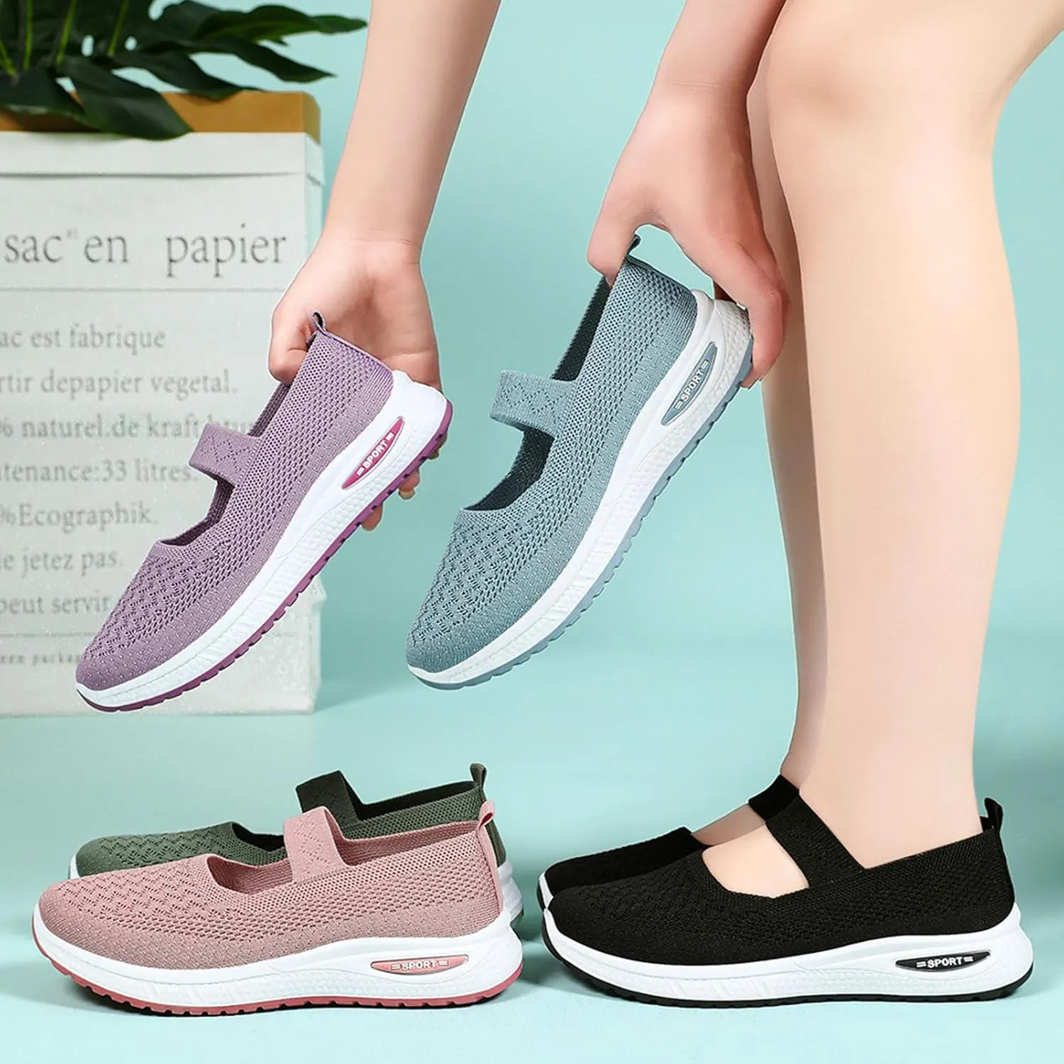 Women's Fashion Breathable Knit Elastic Mesh Flat Loafers Outdoor Comfortable Non-Slip Casual Walking Shoes