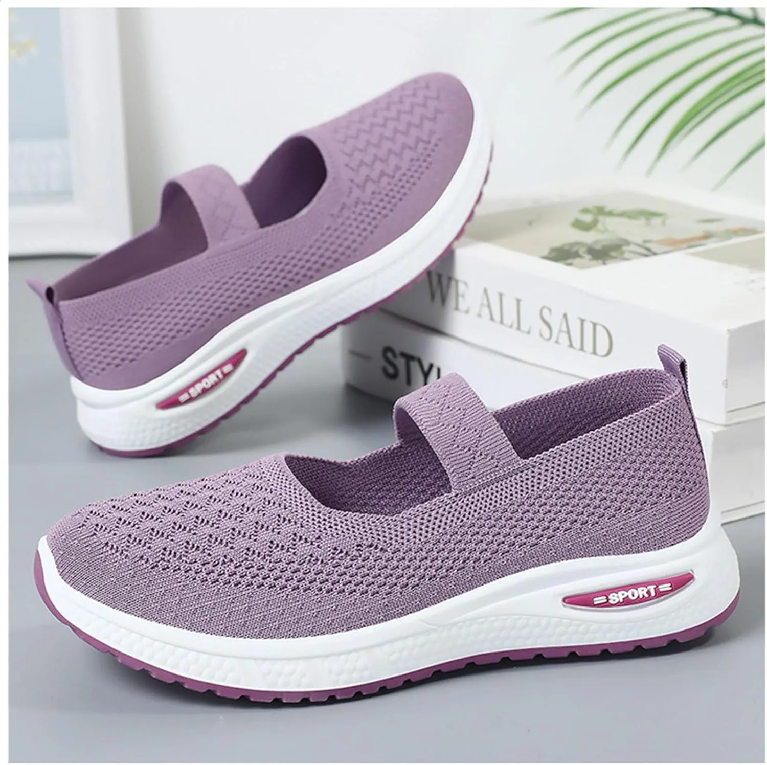 Women's Fashion Breathable Knit Elastic Mesh Flat Loafers Outdoor Comfortable Non-Slip Casual Walking Shoes