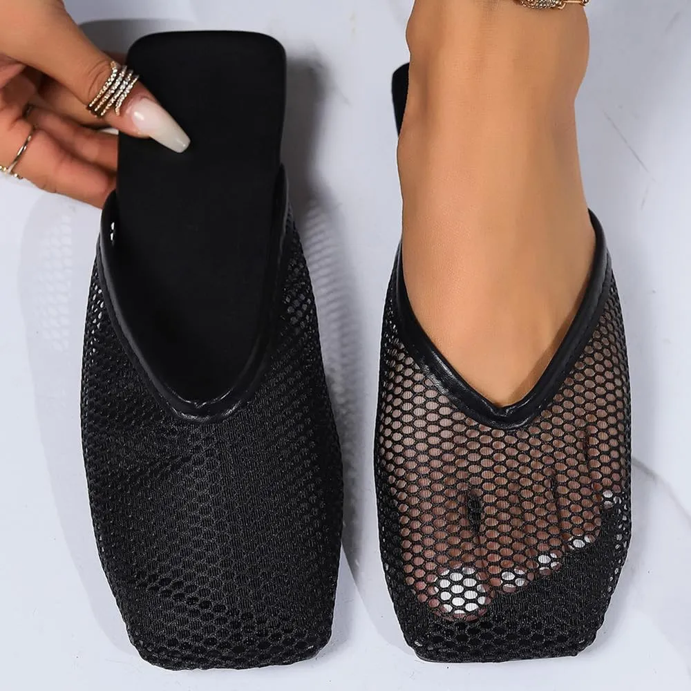 Women's Fashion Outdoor Mesh Breathable Comfort Square Toe Flat Non-slip Slippers Casual Flat Slippers For Women