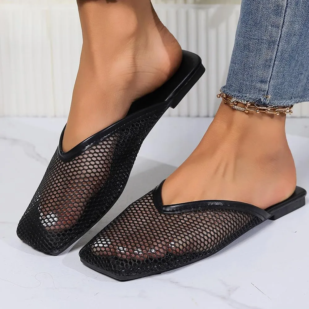 Women's Fashion Outdoor Mesh Breathable Comfort Square Toe Flat Non-slip Slippers Casual Flat Slippers For Women