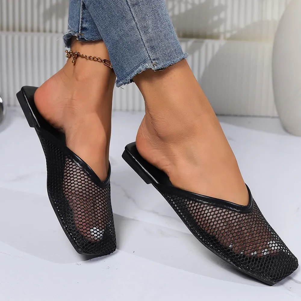 Women's Fashion Outdoor Mesh Breathable Comfort Square Toe Flat Non-slip Slippers Casual Flat Slippers For Women