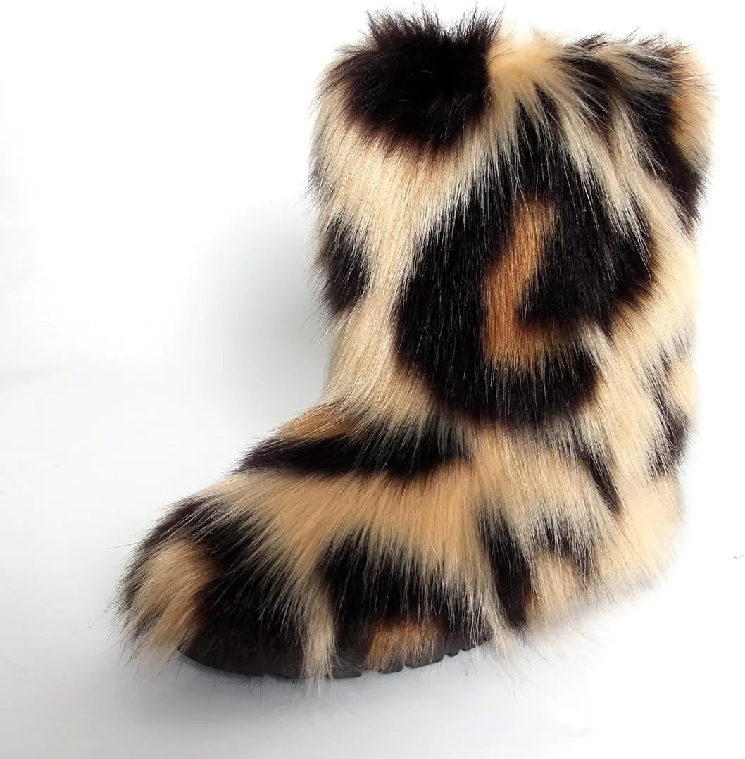 Women's Faux fur boots Furry Short Snow Boot Fluffy Mid-Calf Boots Warm Comfortable Outdoor Flat Shoes