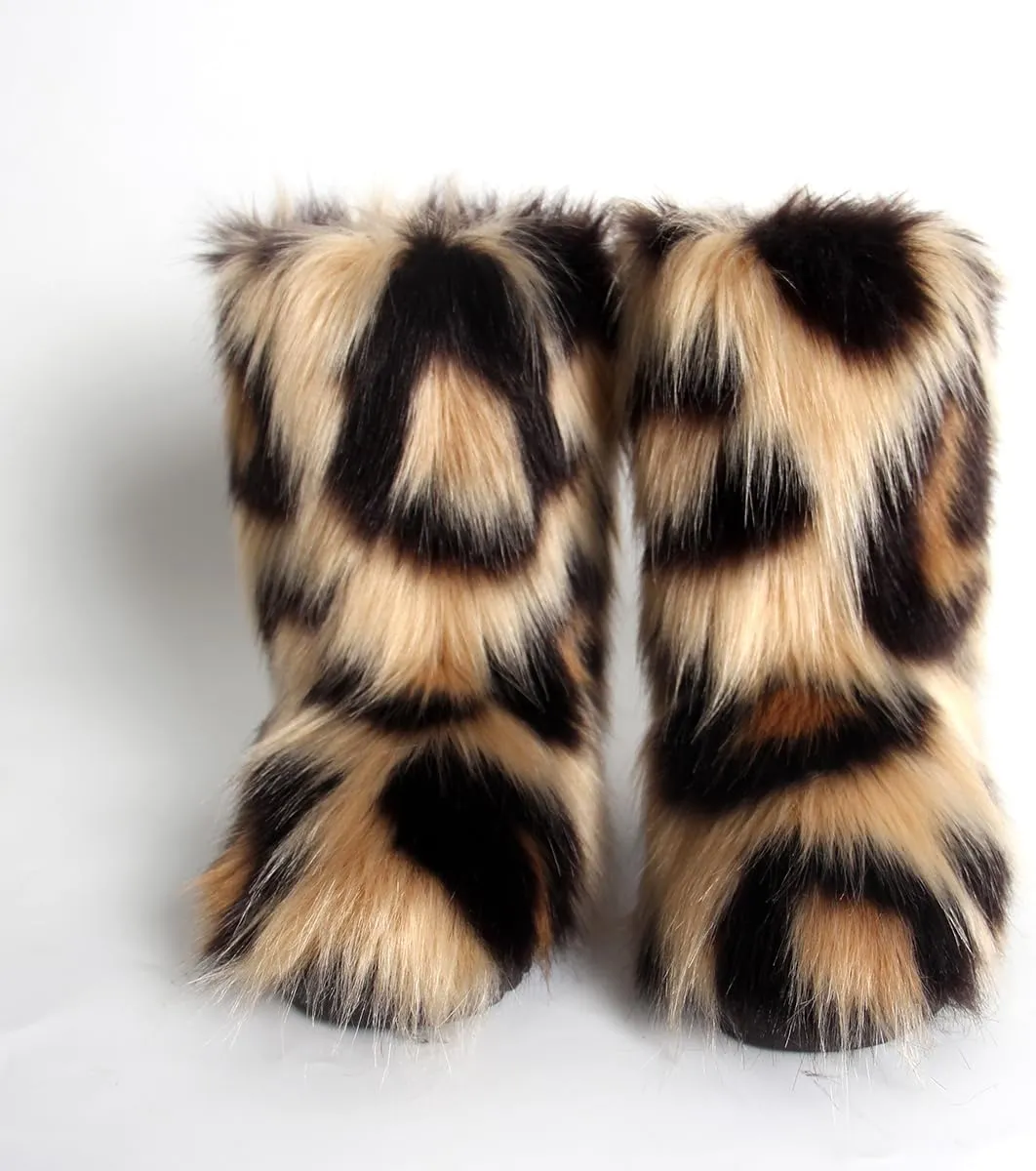 Women's Faux fur boots Furry Short Snow Boot Fluffy Mid-Calf Boots Warm Comfortable Outdoor Flat Shoes