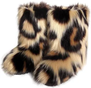 Women's Faux fur boots Furry Short Snow Boot Fluffy Mid-Calf Boots Warm Comfortable Outdoor Flat Shoes