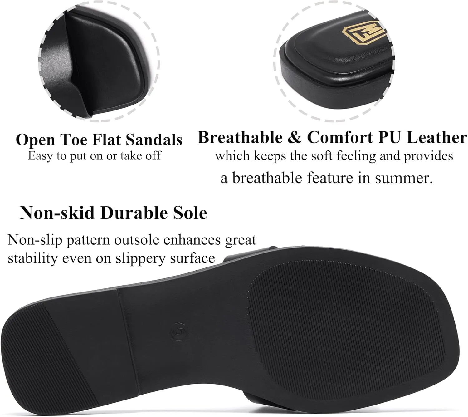 Women's Flat Sandals Dressy Comfortable Slide Sandals Fashion Square Open Toe Slip On Beach Sandals for Summer