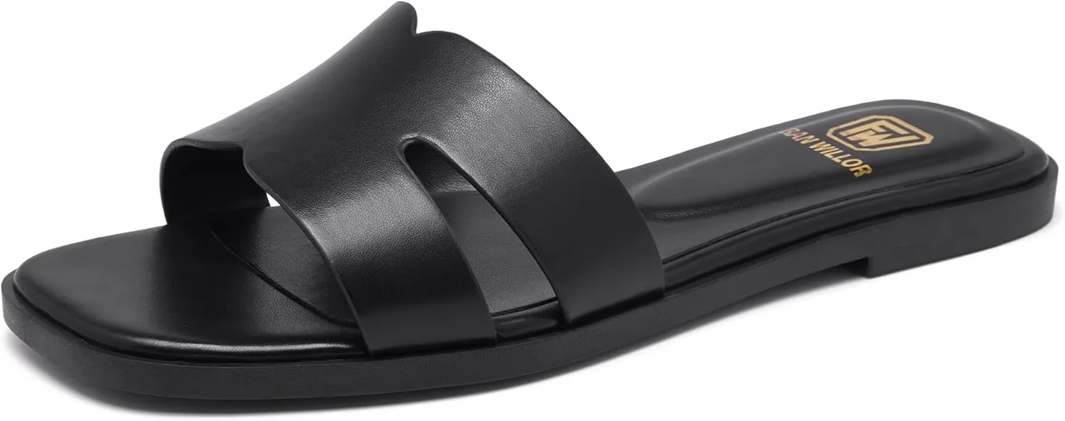 Women's Flat Sandals Dressy Comfortable Slide Sandals Fashion Square Open Toe Slip On Beach Sandals for Summer