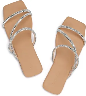 Women's Flat Sandals Strappy Square Open Toe Slide Sandals Dressy Comfortable Wide Feet Friendly