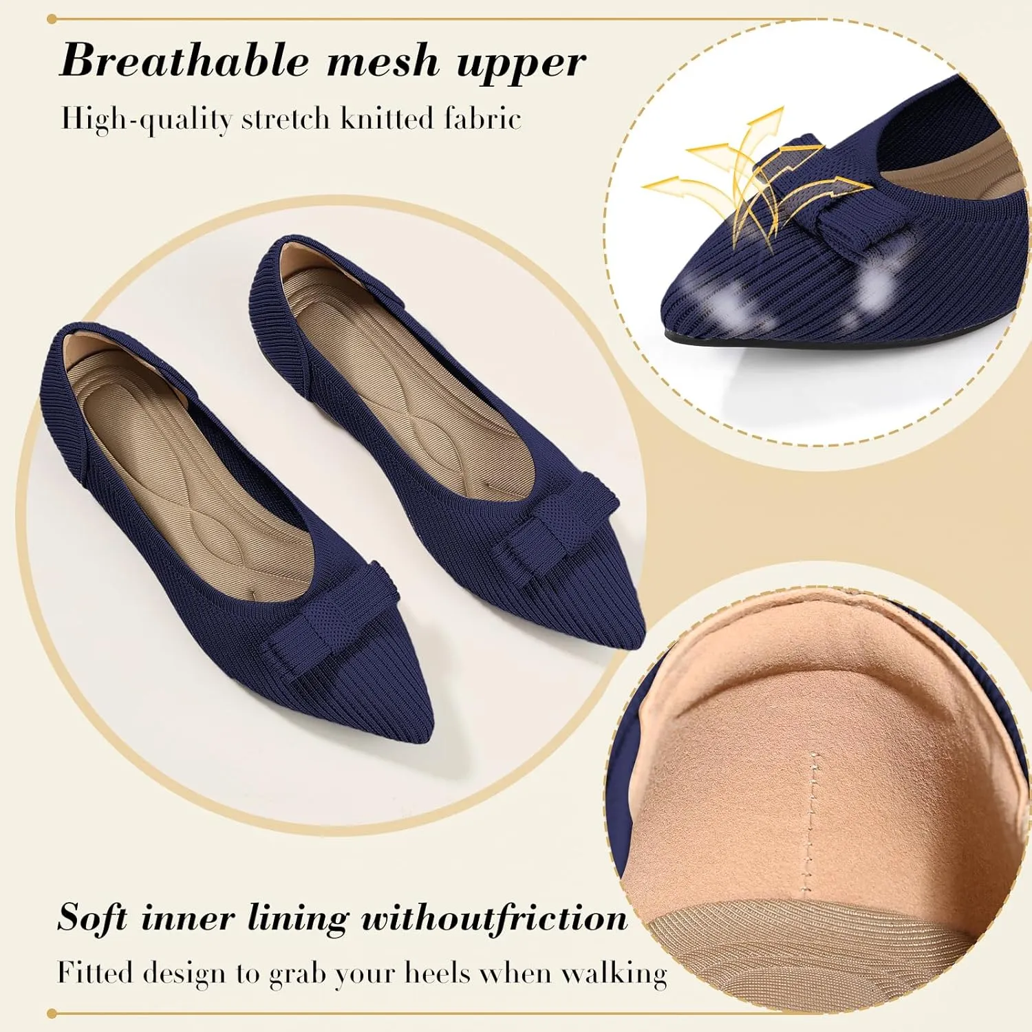 Women's Flats Pointed Toe Ballet Shoes with Bow Comfortable Knit Dressy Flat