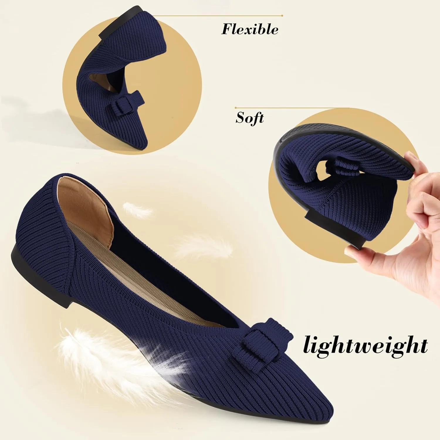 Women's Flats Pointed Toe Ballet Shoes with Bow Comfortable Knit Dressy Flat