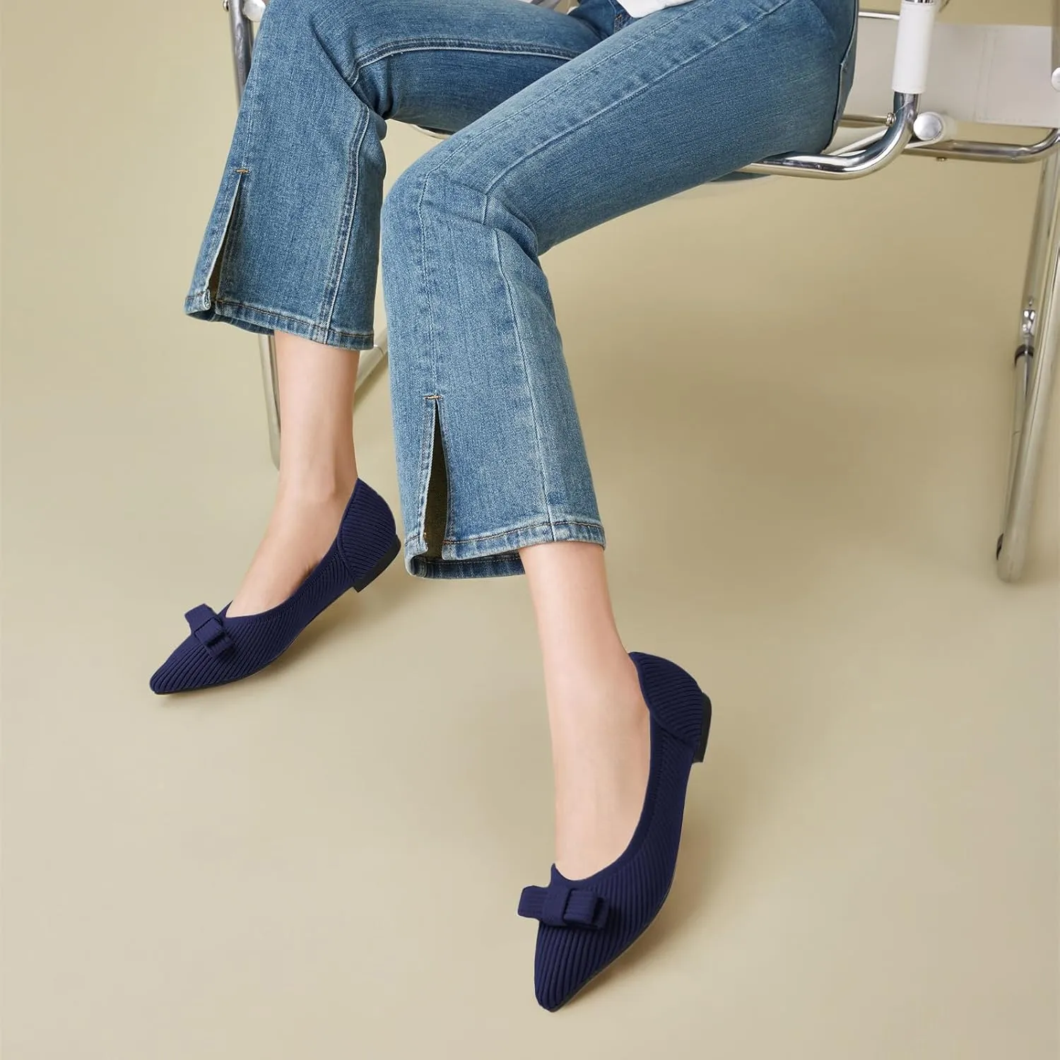 Women's Flats Pointed Toe Ballet Shoes with Bow Comfortable Knit Dressy Flat